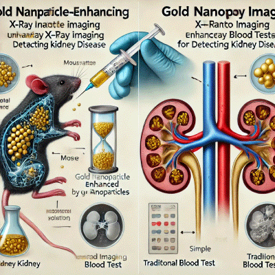 image comparing gold nanoparticle-enhanced X-ray imaging with traditional blood tests for detecting kidney disease. This visual will complement your web page, helping to illustrate how AuNPs provide superior imaging detail.